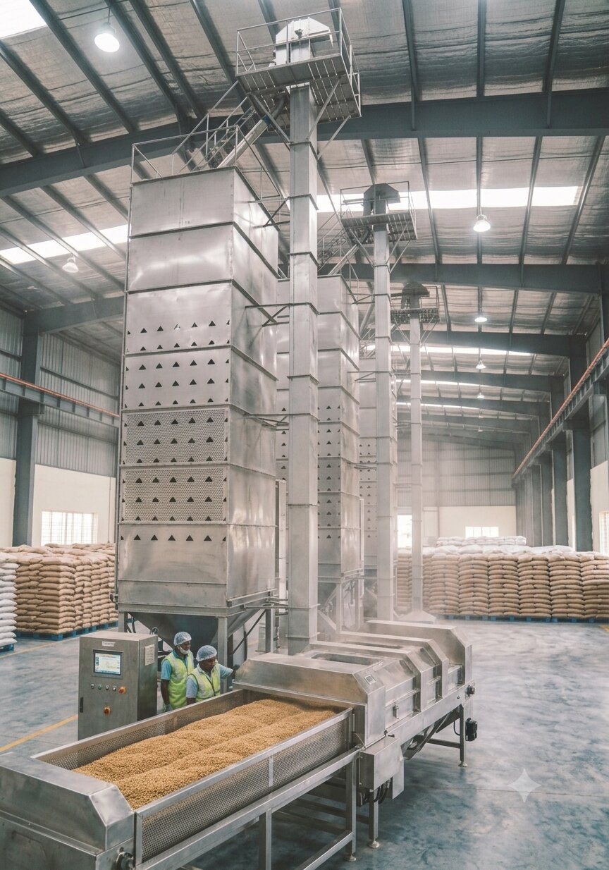 Parboiled basmati paddy drying in grain towers before Golden Sella milling