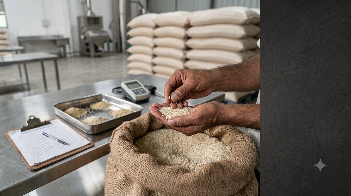 Hand-checking basmati rice quality at a Virasat Internationals partner mill