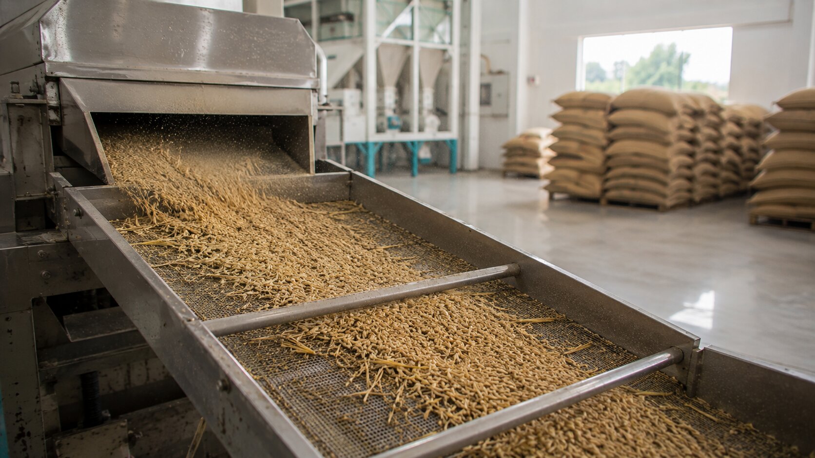 Basmati paddy on a conveyor at a Virasat Internationals partner mill warehouse