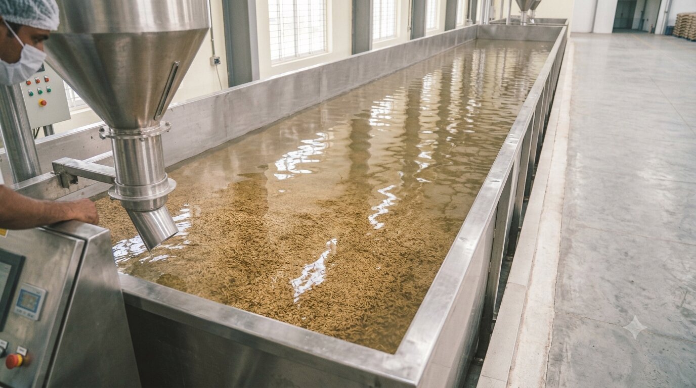 Basmati paddy soaking in water tanks before parboiling for White Sella processing