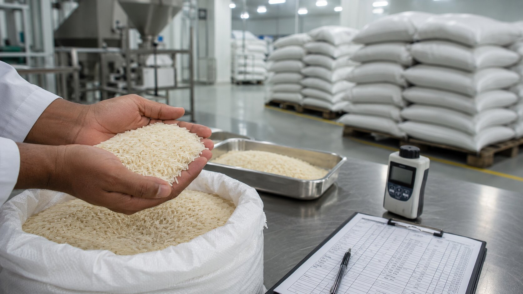 Quality control inspection of basmati rice at a Virasat Internationals partner mill