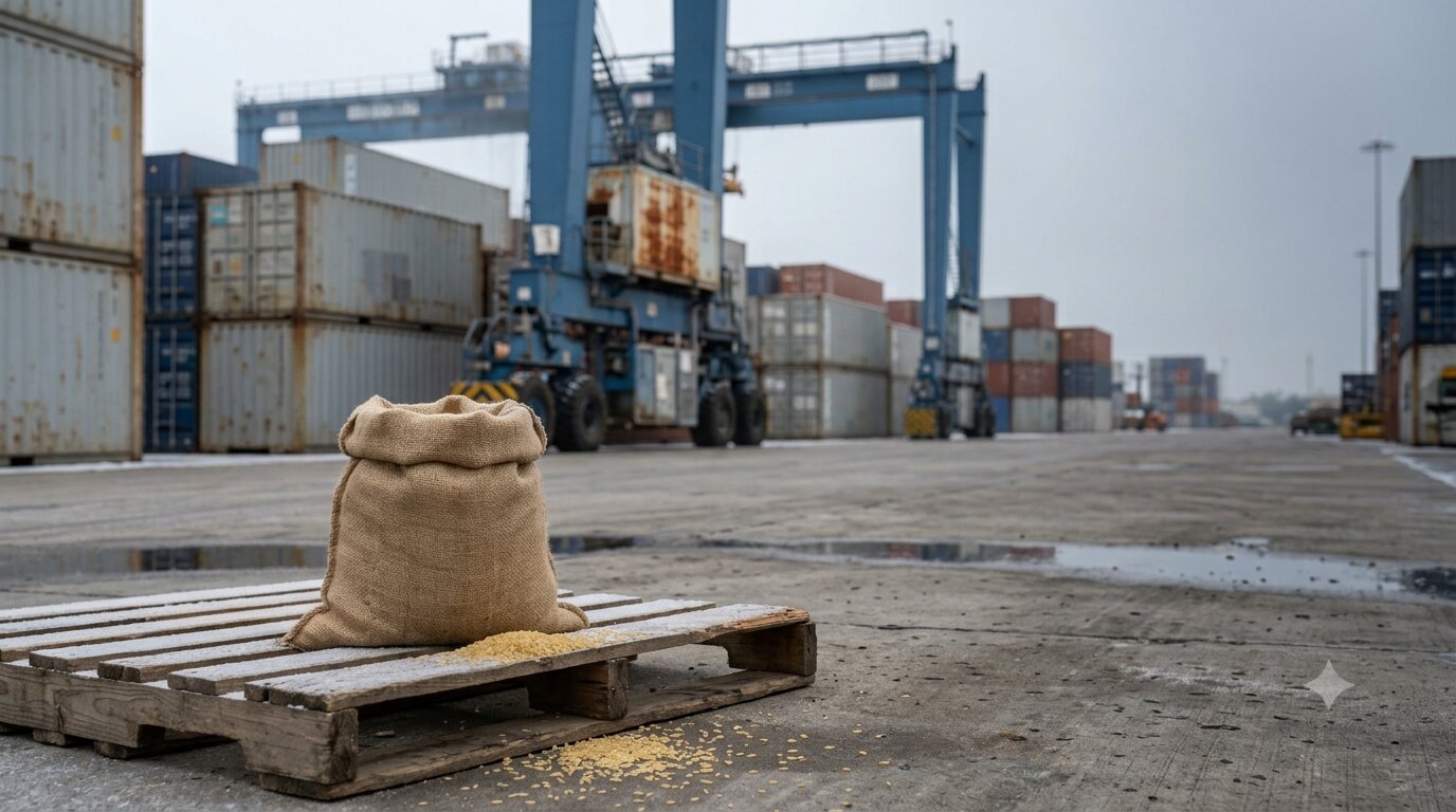 Basmati rice ready for shipment at an Indian container port