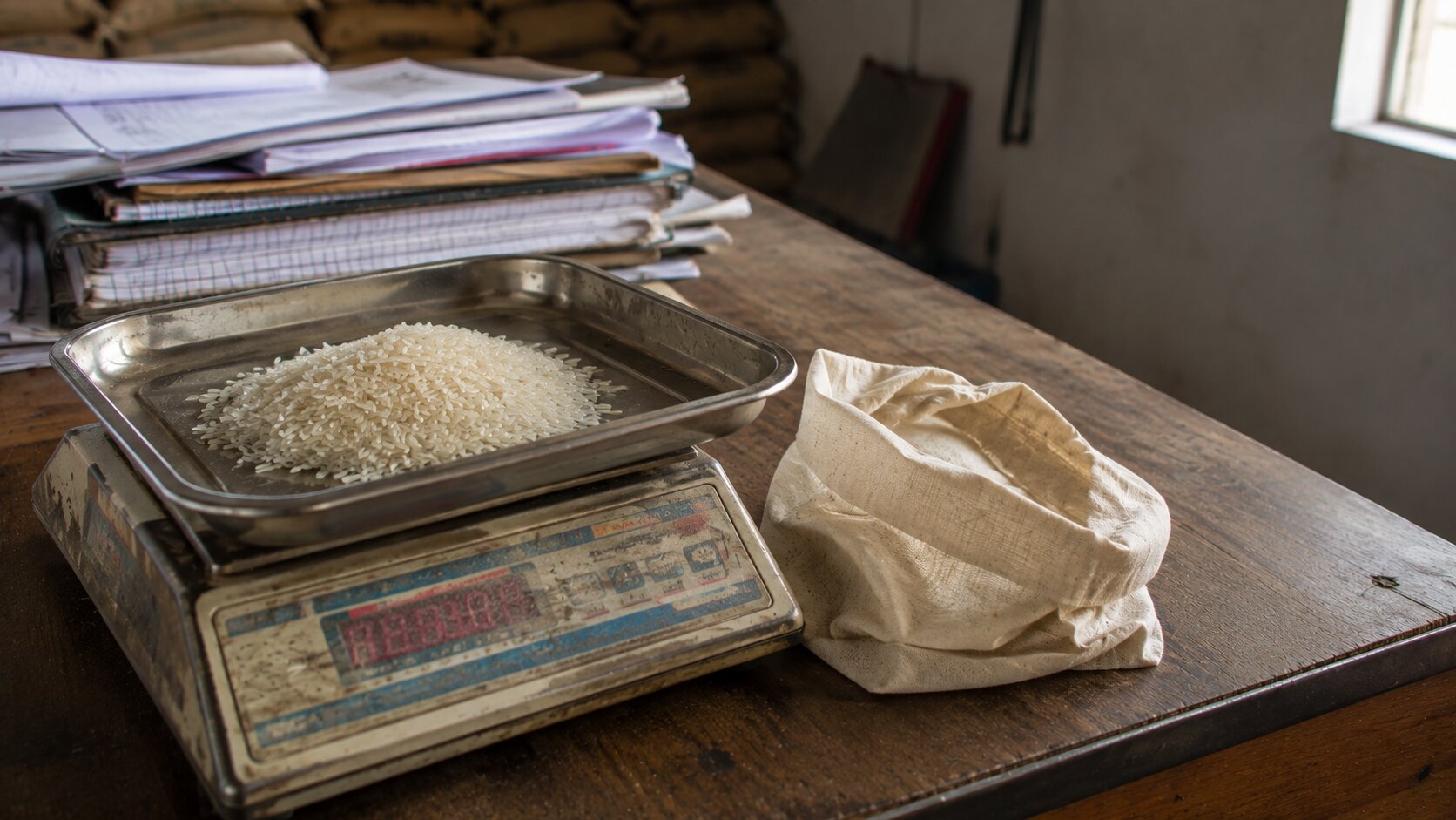 Basmati rice being weighed and graded during processing at a Virasat Internationals partner mill