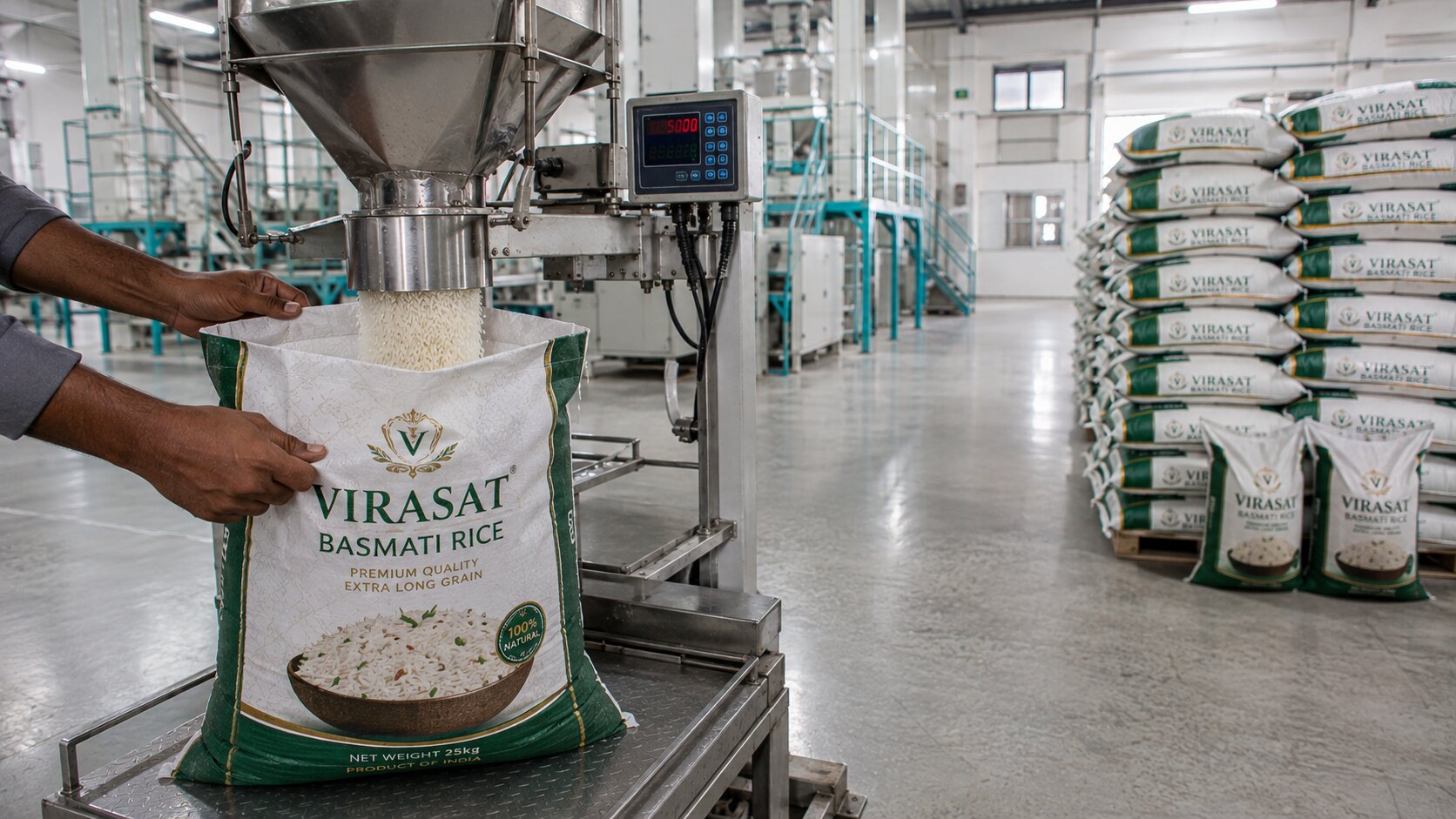 Virasat Basmati Rice being packed into branded 25kg export bags